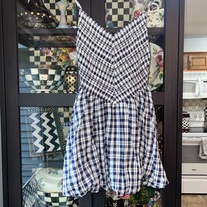 American Eagle Dress Small Blue Plaid Smocked  Mini Summer Cottagecore Balloon S